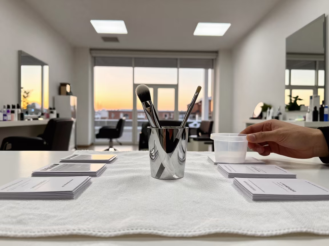 Salon Educator Brush Cup Display in in a beauty supply area under white LEDs in Khyrdalan