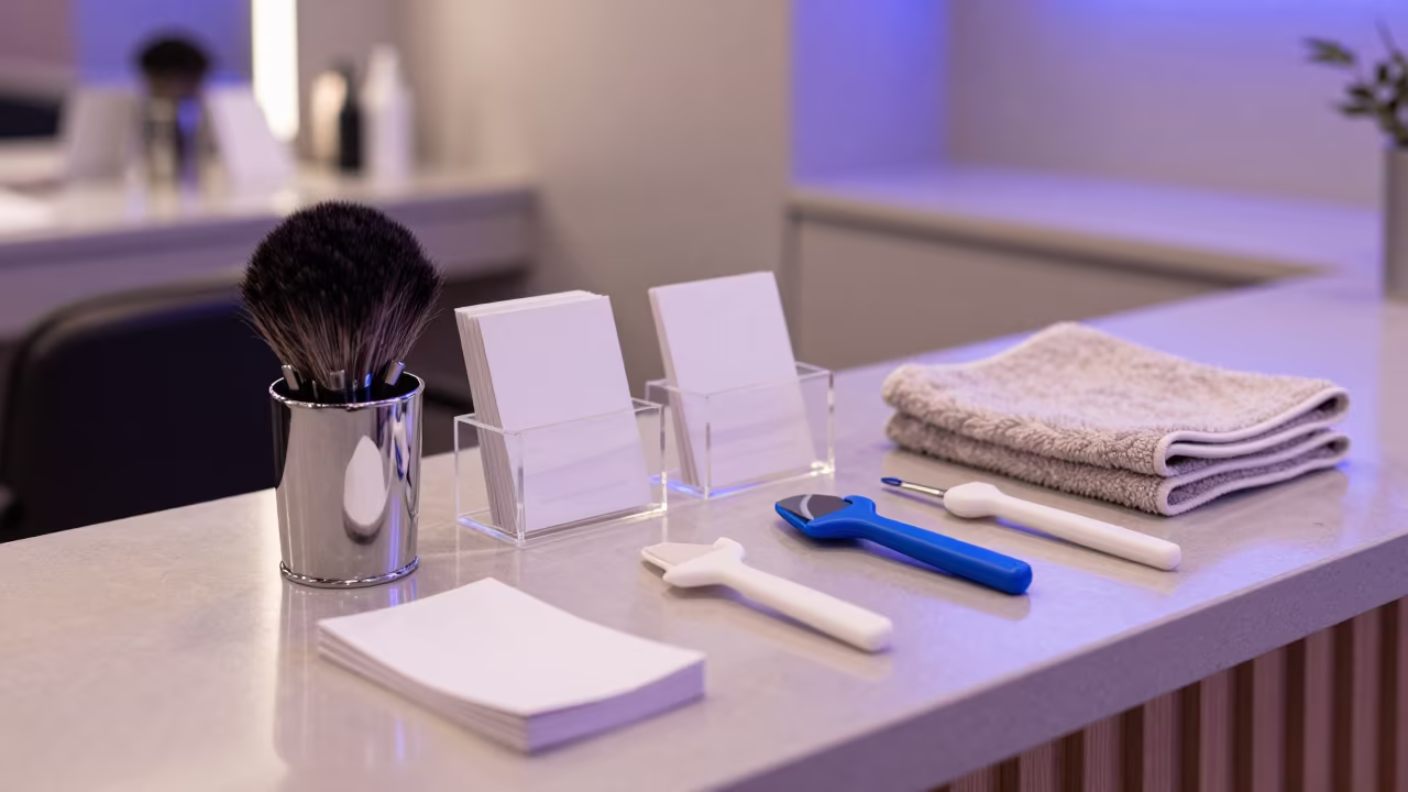 Salon Educator Demo Brush Cup Under Neon Light in at a salon reception counter near São Paulo