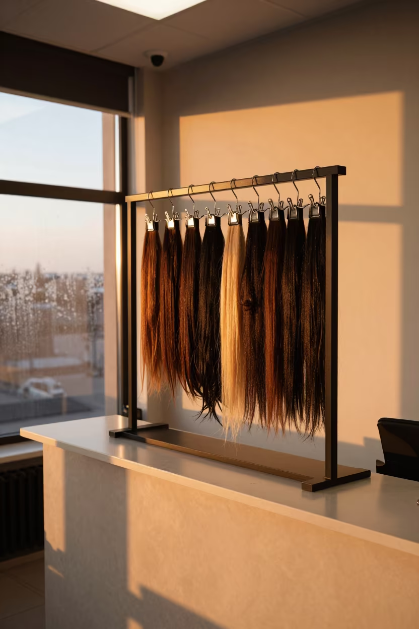 Salon Extension Rack in Amber Evening Light in at a salon reception counter in Osh