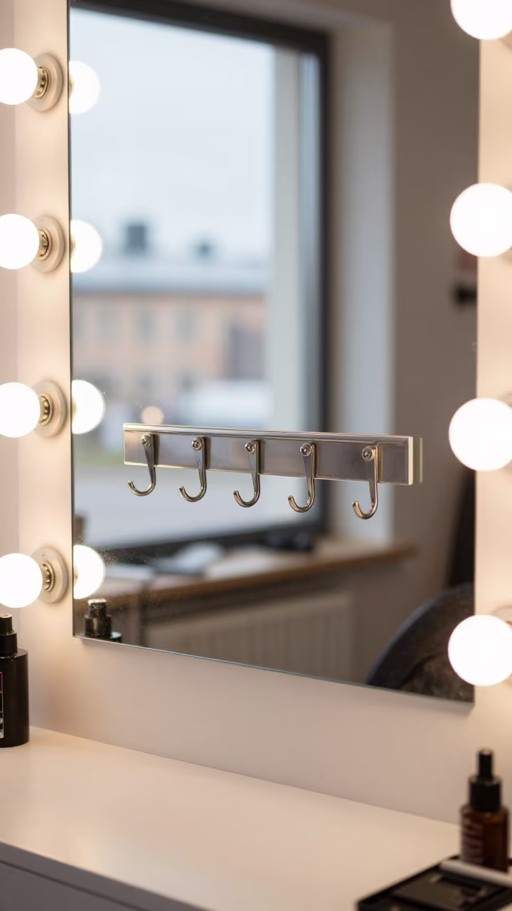 Salon Hook Rail Under Vanity Mirror Light in at a barber station beneath mirror bulbs in Punavuori, Helsinki