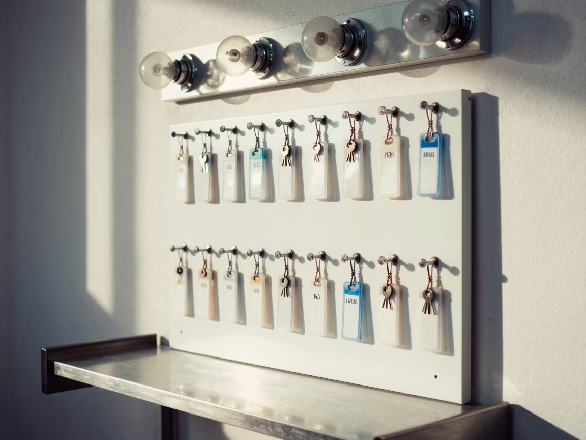 Salon Key Tag Board at Barber Station Minatitlán in at a barber station beneath mirror bulbs in Minatitlán