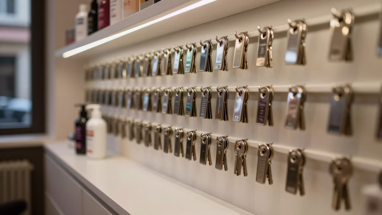 Salon Key Tag Board in Cagliari Beauty Supply in in a beauty supply area under white LEDs in Cagliari