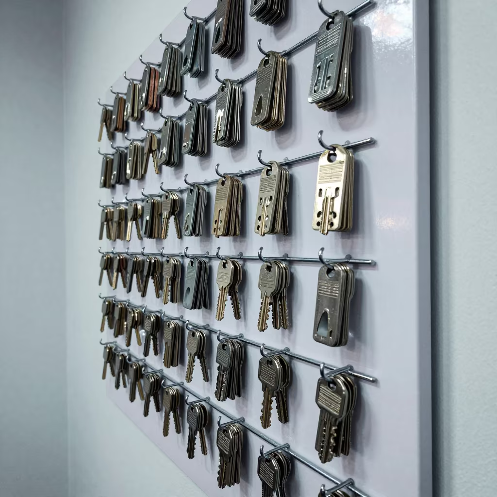 Salon Key Tag Board Dawn Reset Quito in in a beauty supply area under white LEDs in Quito