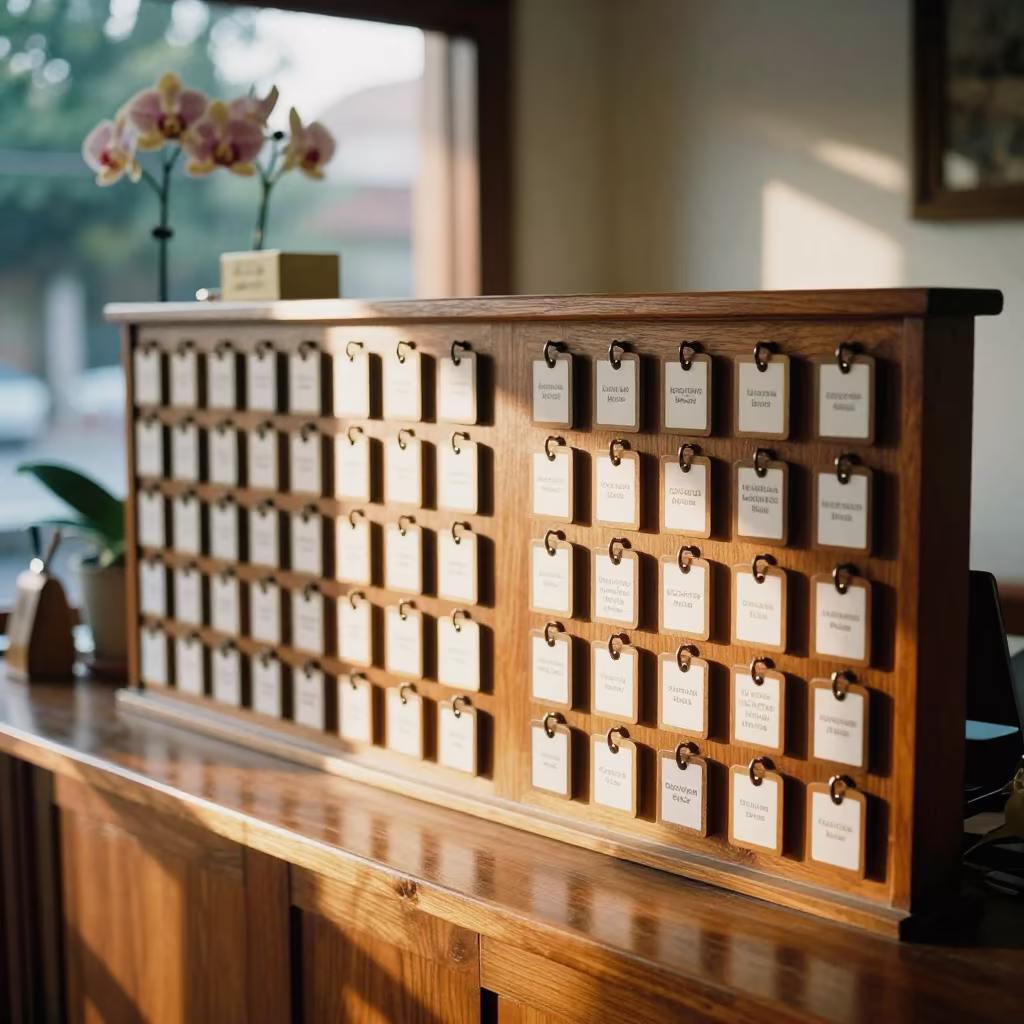 Salon Key Tag Board in Luang Prabang Reception in at a salon reception counter in Luang Prabang