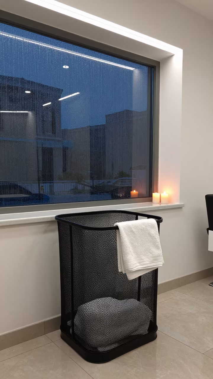 Salon Laundry Hamper Before First Client Arrives in in a beauty supply area under white LEDs near Bishkek