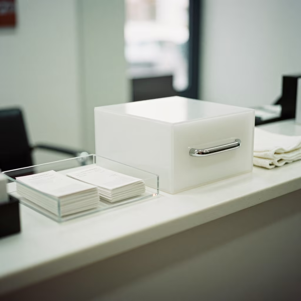 Salon Lockbox on Jaén Reception Counter in at a salon reception counter in Jaén