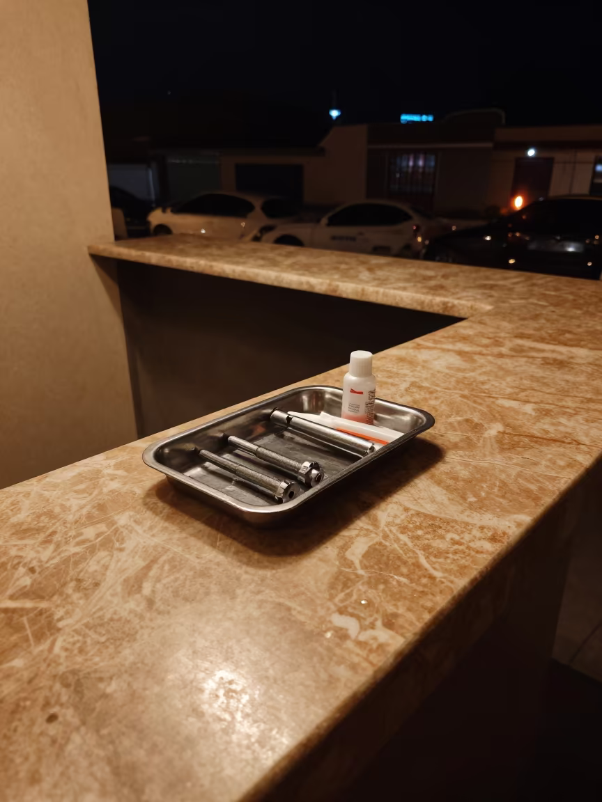 Salon Maintenance Tray with Collet Wrench in Firelight in at a salon reception counter in Huacho