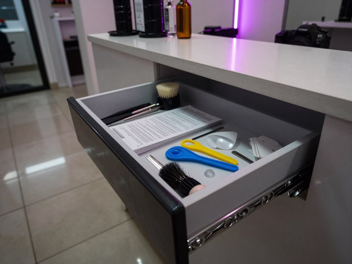 Salon Mannequin Clamp Drawer Under Vanity Light in at a salon reception counter near Escuintla