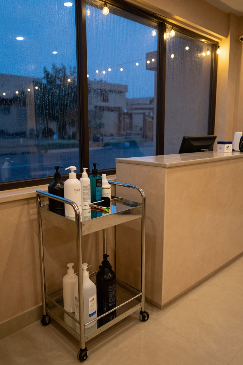 Salon Mirror Caddy in Gharyan Twilight Glow in at a salon reception counter in Gharyan