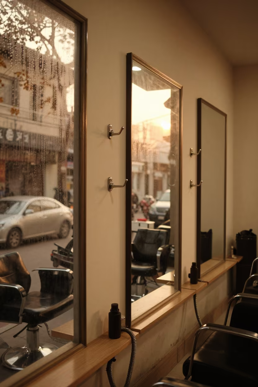 Salon Mirror Reflections Dhaka Golden Hour in inside a salon row near Dhaka