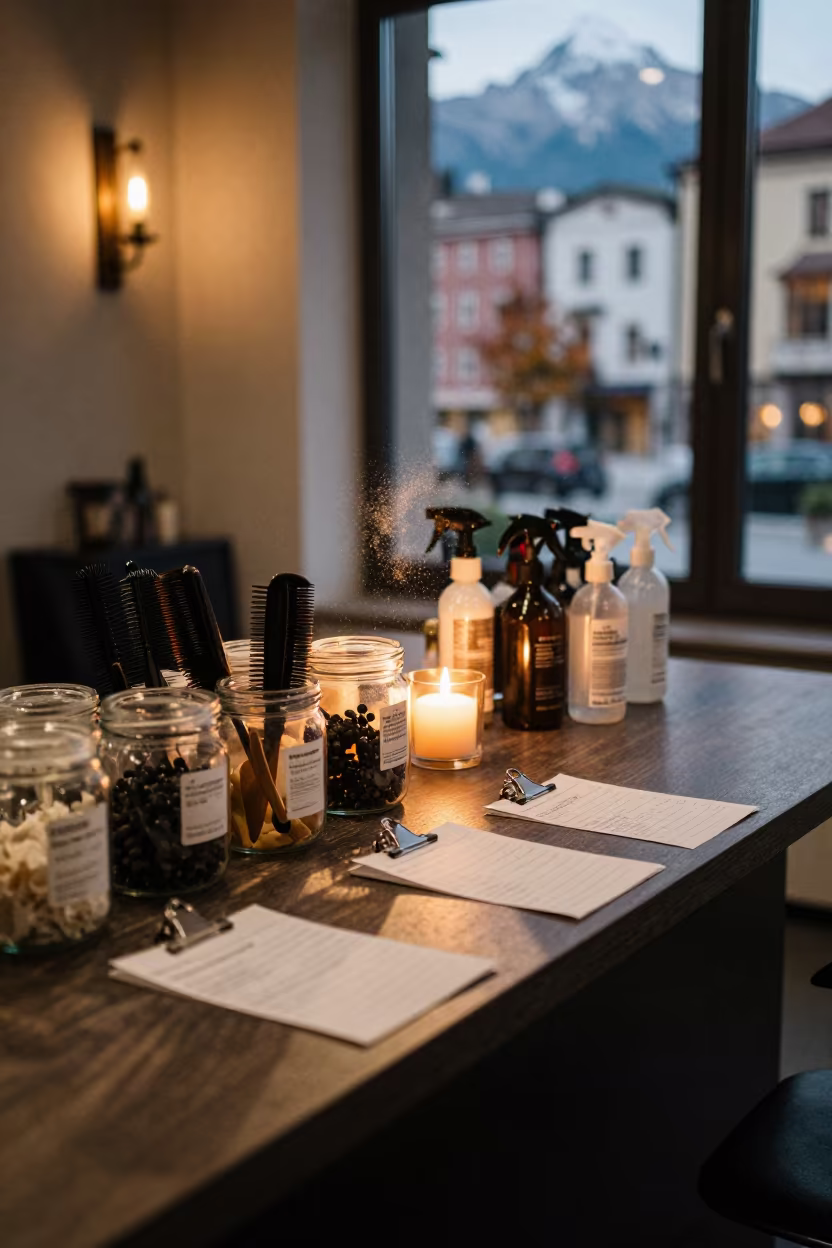 Salon Mirror Station with Combs and Candles in at a salon reception counter in Innsbruck