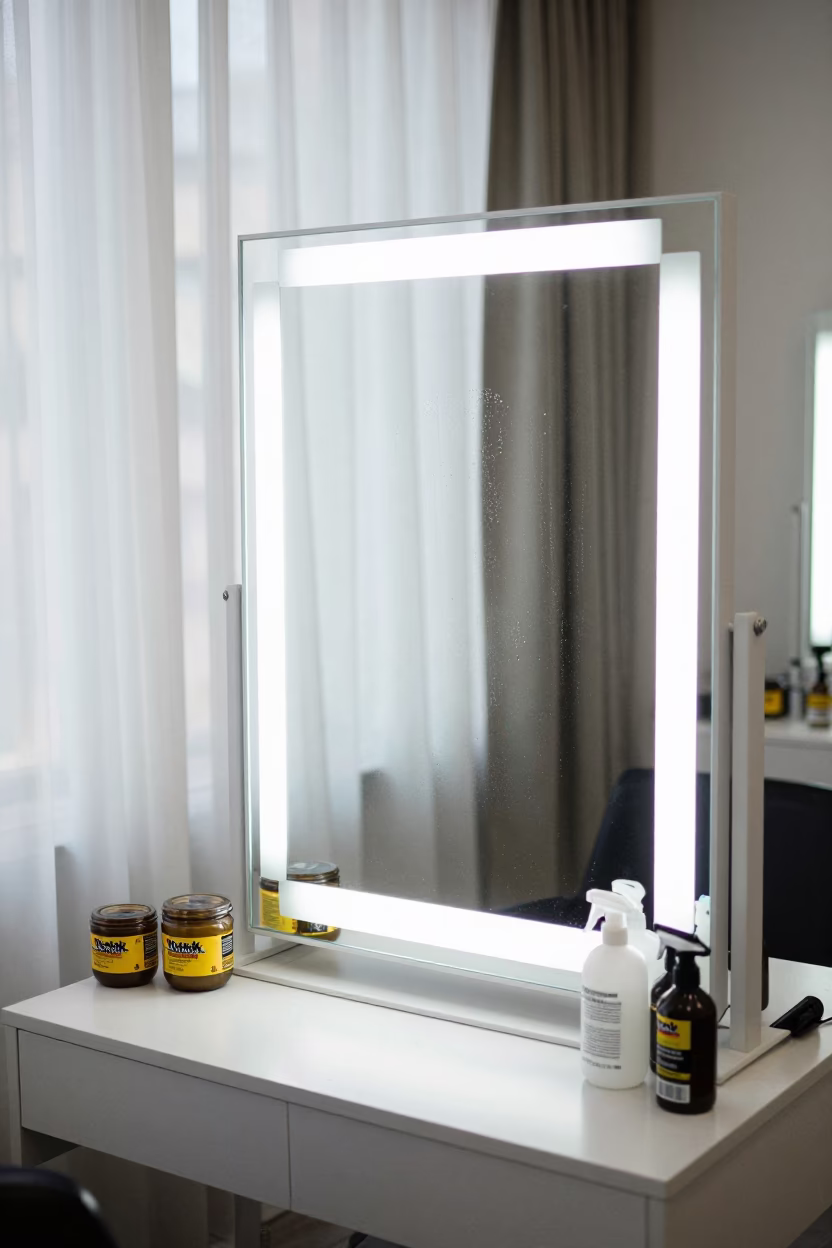 Salon Mirror Station with Tools in Beijing in in a beauty supply area under white LEDs in Nanluoguxiang, Beijing