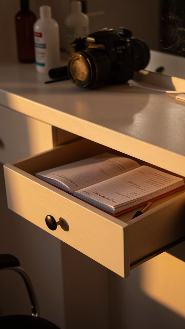 Salon Notebook Drawer Amber Sunset Light Cuba in at a salon reception counter in Sancti Spíritus