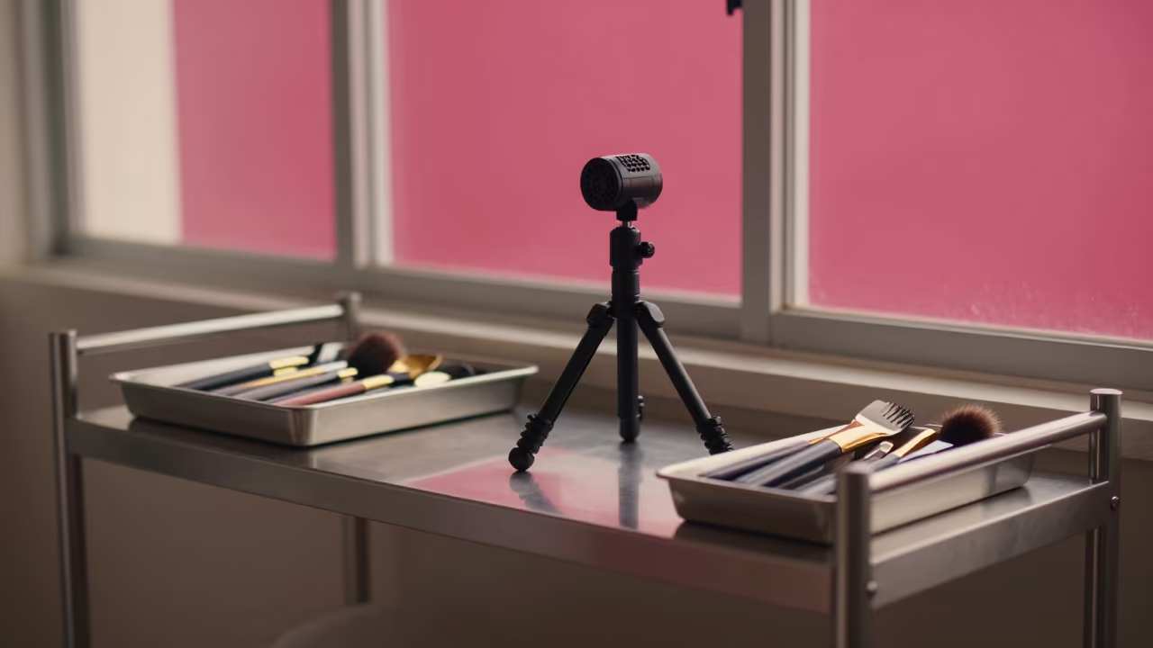 Salon Phone Tripod Shelf Before Service in Magenta Light in inside a skincare treatment room in Kota Kinabalu