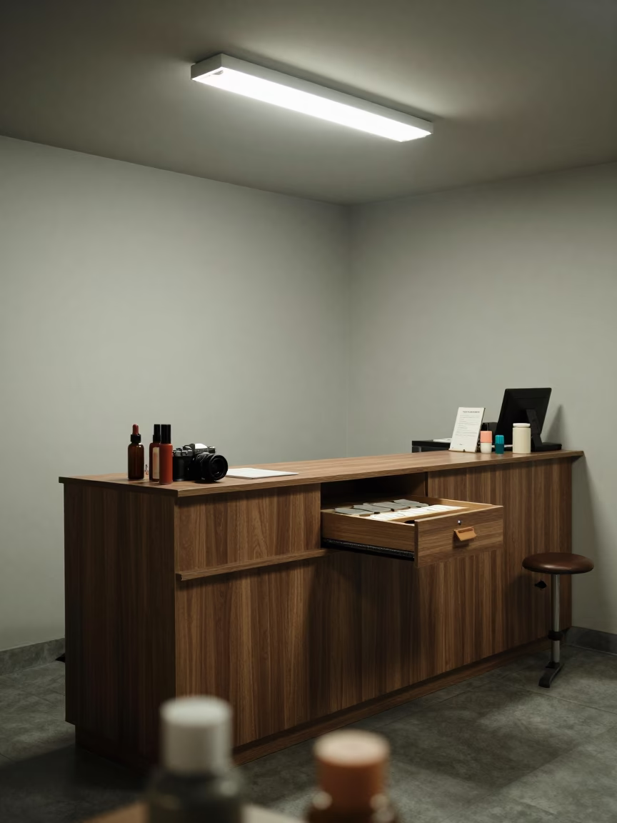 Salon Receipt Drawer Under Fluorescent Night Light in at a salon reception counter in Jaranwala