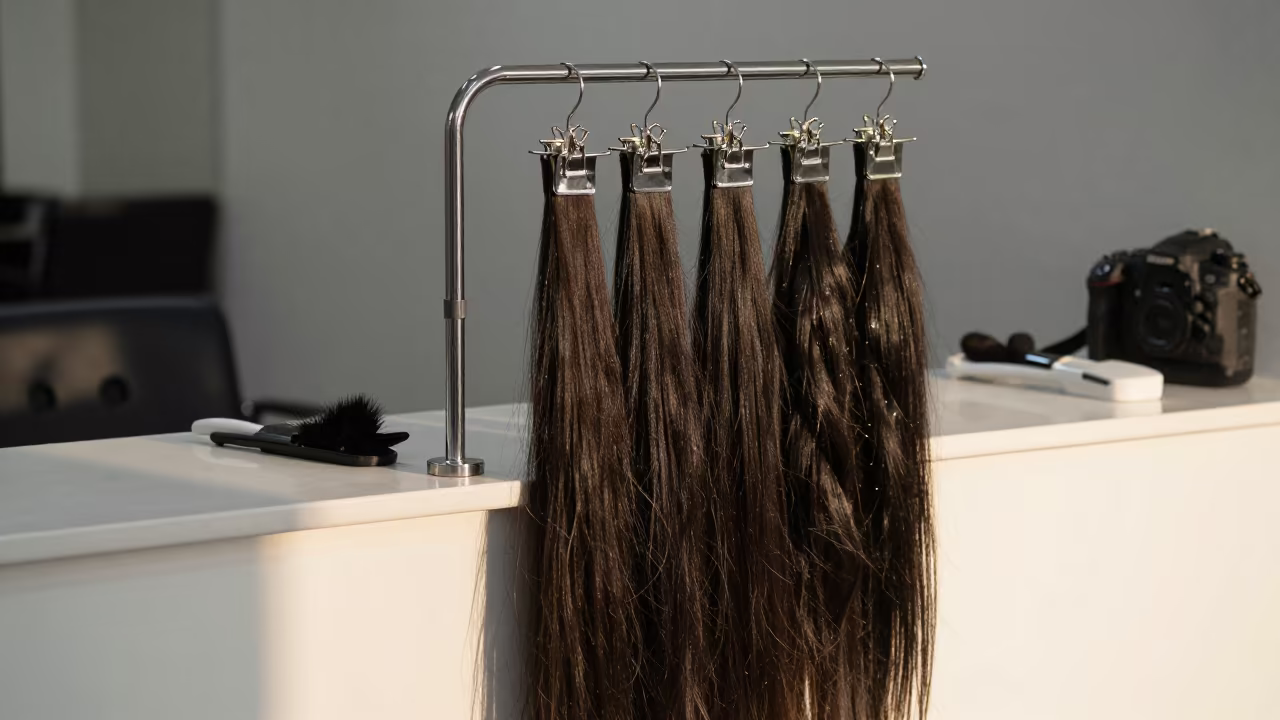 Salon Reception Beauty Extension Hanger Setup in at a salon reception counter in Davao