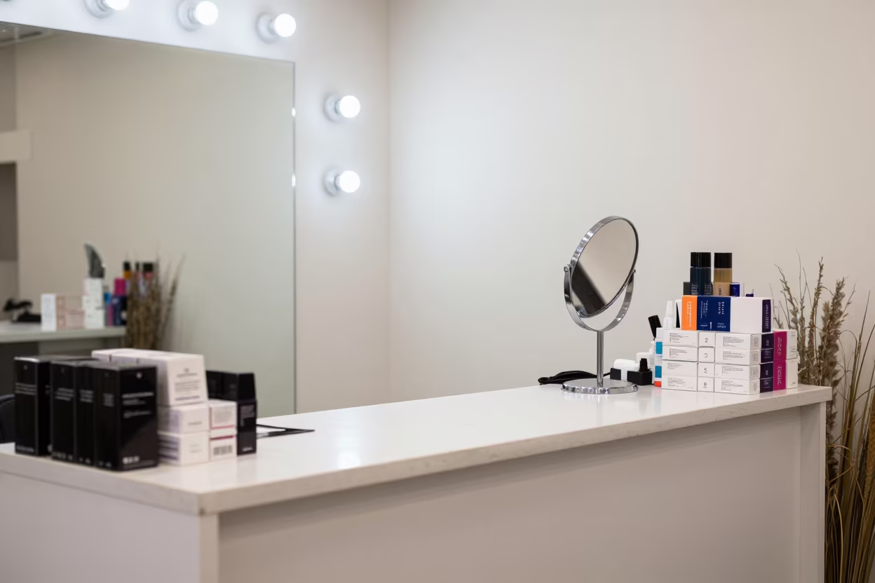 Salon Reception Counter Winter Noon Light in in a beauty supply area under white LEDs in Meerut