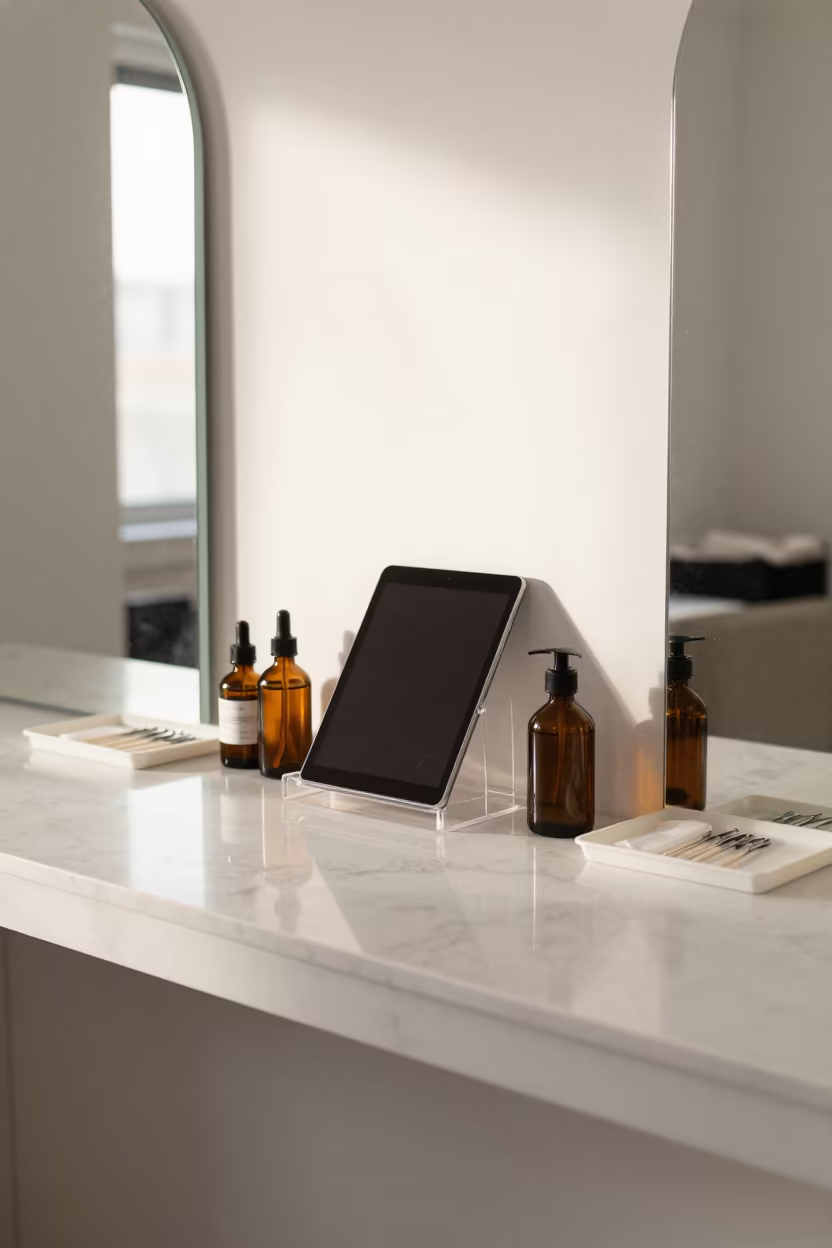Salon Reception Tablet Stand Kenitra Morocco in at a salon reception counter in Kenitra