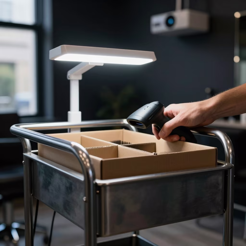 Salon Restock Cart Under Predawn LED Glow in inside a salon row near Manchester