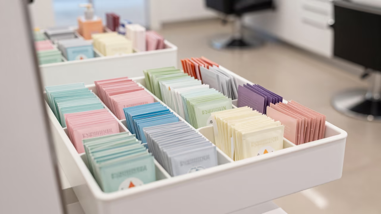 Salon Sachet Restock Tray in Noon Light in inside a salon row near Yokohama
