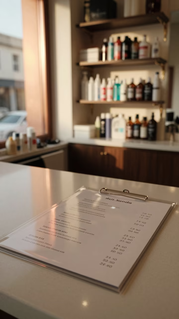 Salon Service Menu in Winter Window Light in inside a salon row near Mit Ghamr