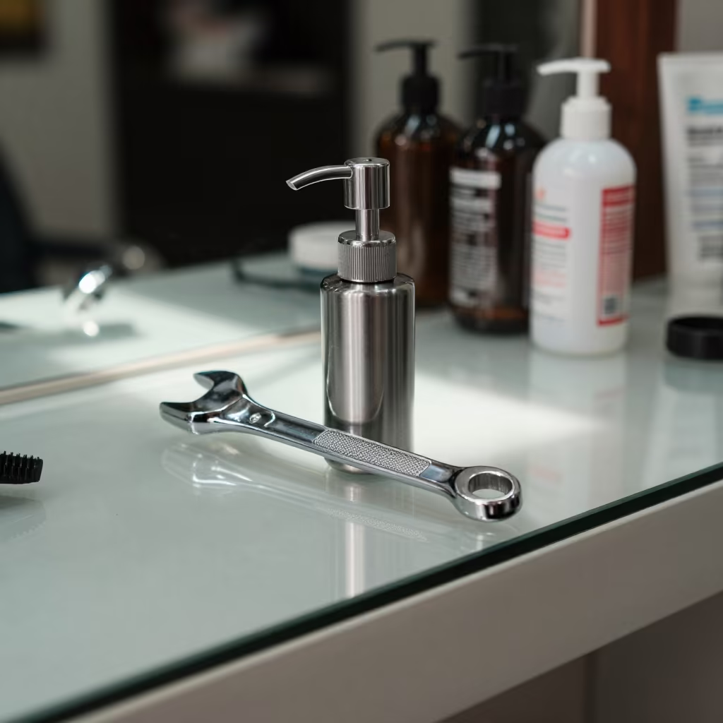 Salon Shampoo Pump Wrench on Counter in at a salon reception counter near Gujranwala