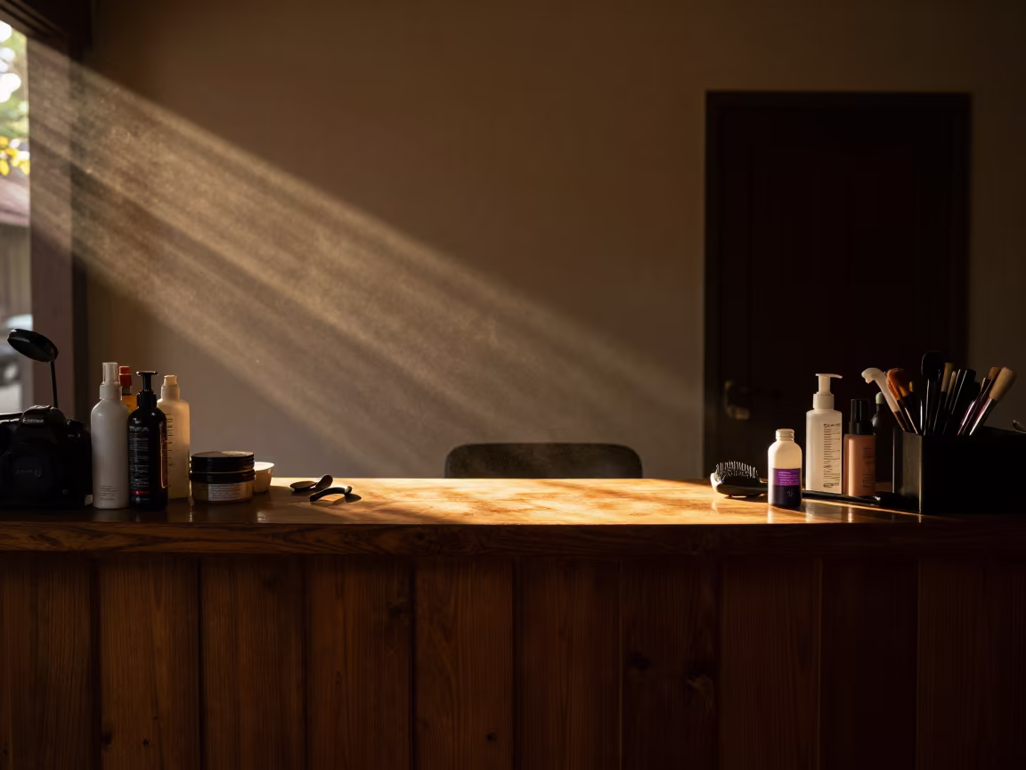 Salon Shelf Under Amber Light in Hpa-An Predawn in at a salon reception counter near Hpa-An