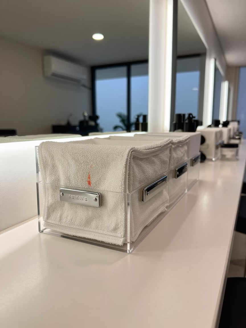 Salon Shelf Talker with Terry Cloth and Chrome in inside a salon row in Recife