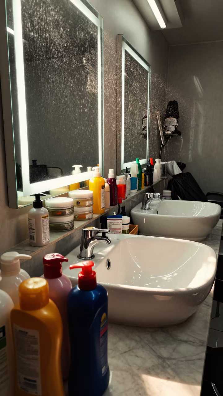 Salon Sink with Shampoos in Yangon Monsoon Light in at a salon reception counter in Dala, Yangon