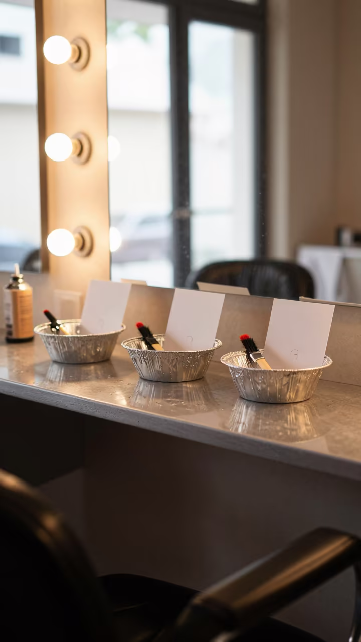 Salon Station Foil Bowls and Tint Brushes in Hargeisa in at a barber station beneath mirror bulbs in Hargeisa