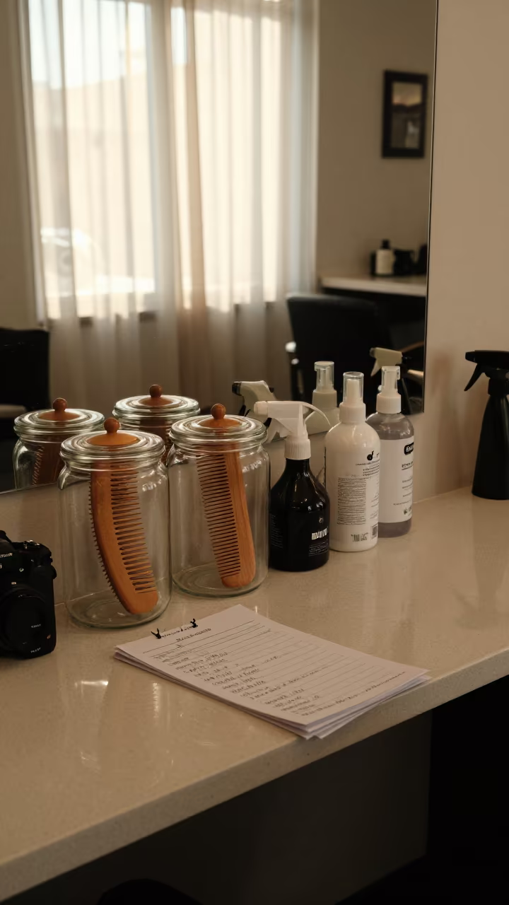 Salon Station Mirror With Combs and Bottles in at a salon reception counter in Aguascalientes