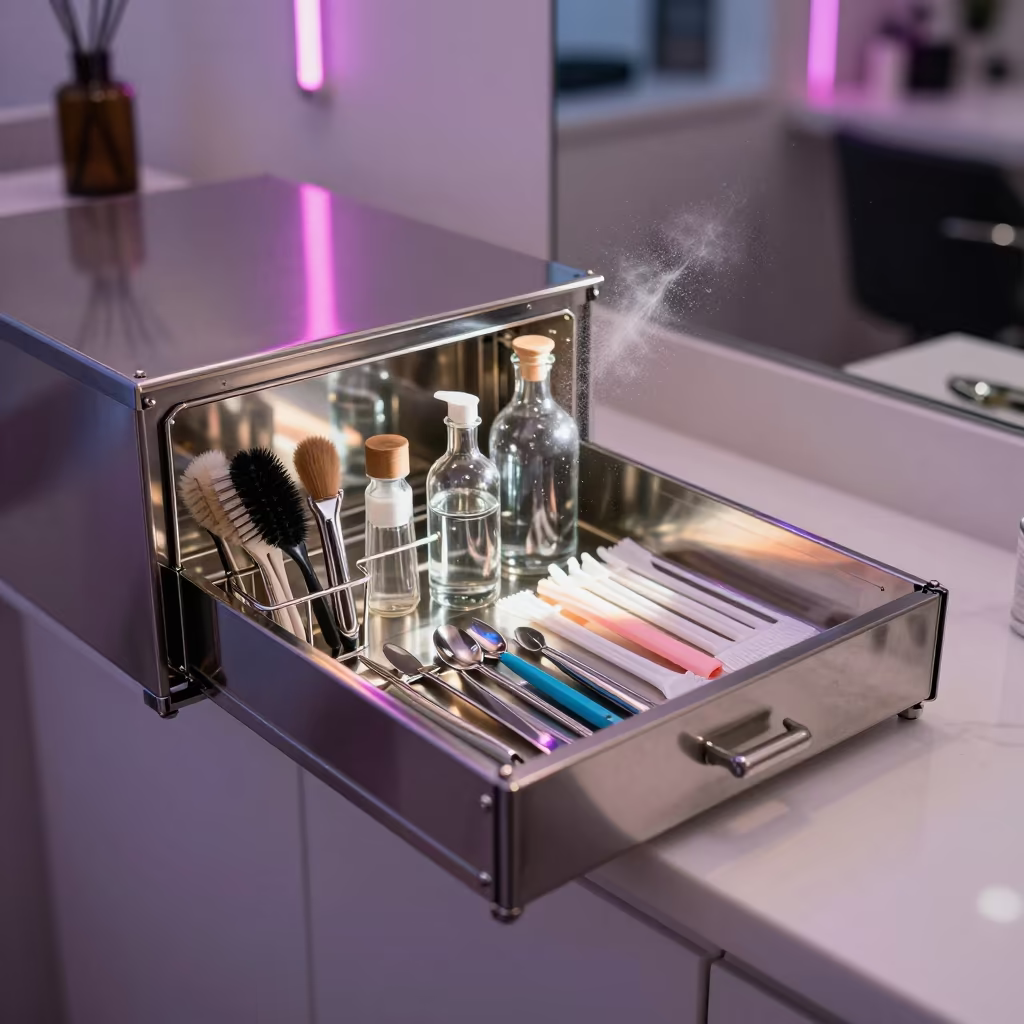 Salon Sterilizer Drawer Twilight Neon Reflections in at a salon reception counter in Bucharest