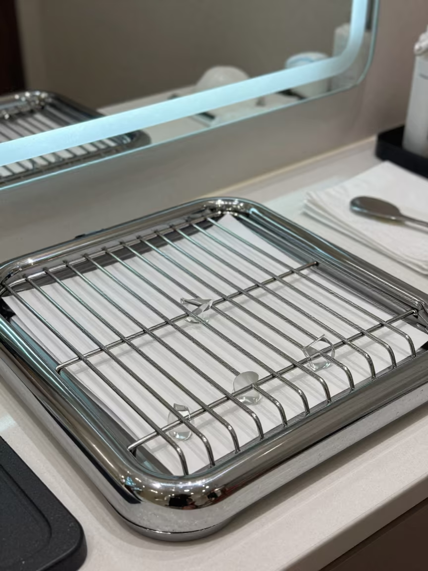 Salon Stone Warmer Rack with Paper and Chrome in at a salon reception counter in Nanjing