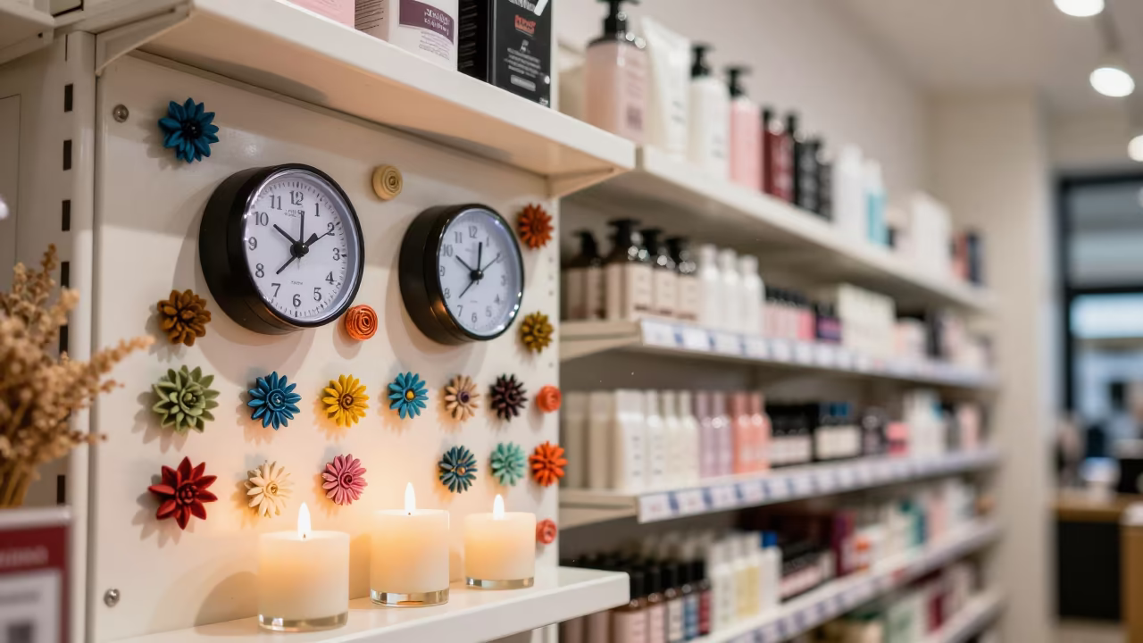 Salon Timer Magnet Wall Essen Beauty Supply in in a beauty supply area under white LEDs in Essen