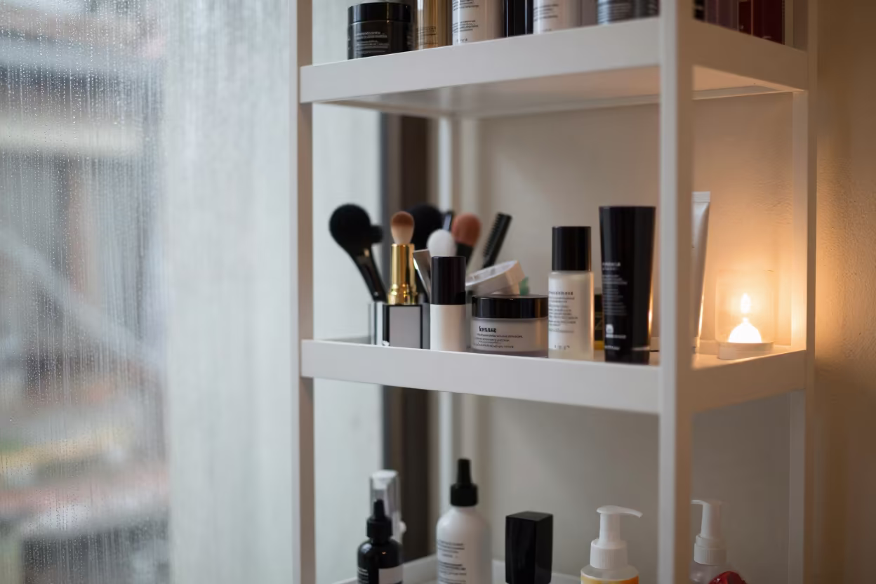 Salon Tripod Shelf Before Service in Kathmandu in in a beauty supply area under white LEDs near Kathmandu