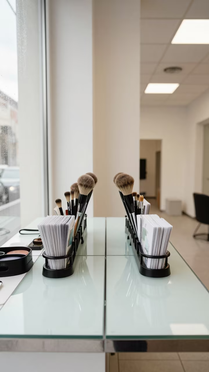 Salon Vanity Round Brush Rack Zagreb in at a salon reception counter in Zagreb