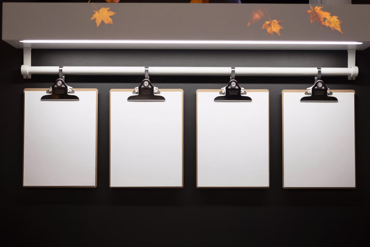 Salon Waiver Clipboard Rail After Reset in in a beauty supply area under white LEDs in Hamtramck, Detroit