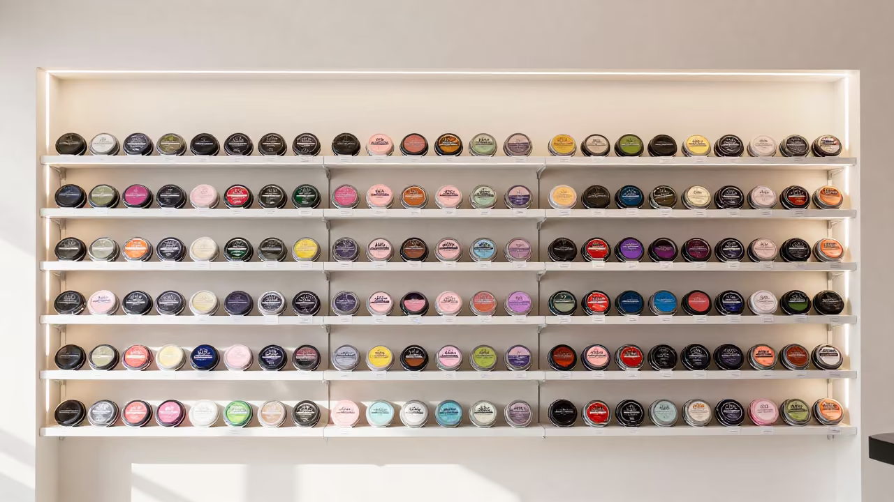Salon Wall with Pomade Tins and Price Tags in inside a salon row in Mascara