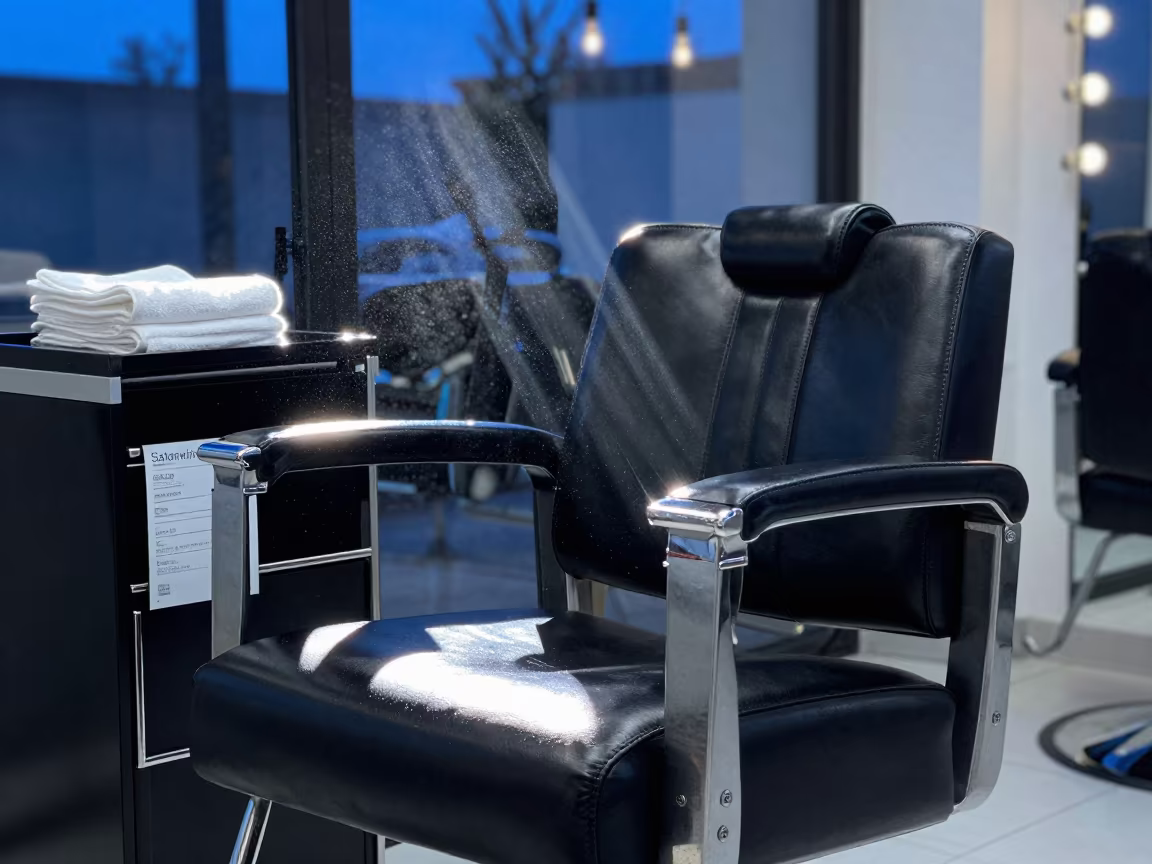 Salon Window Chair Blue Hour Twilight in at a barber station beneath mirror bulbs near Salta