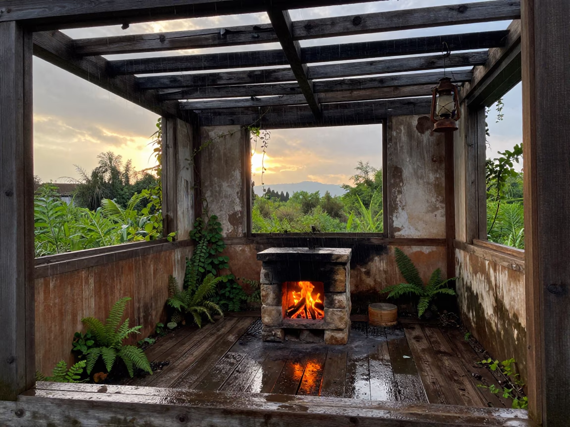 Saloon Ruin Interior Firelight Rain Kunming in inside a roofless nave near Kunming