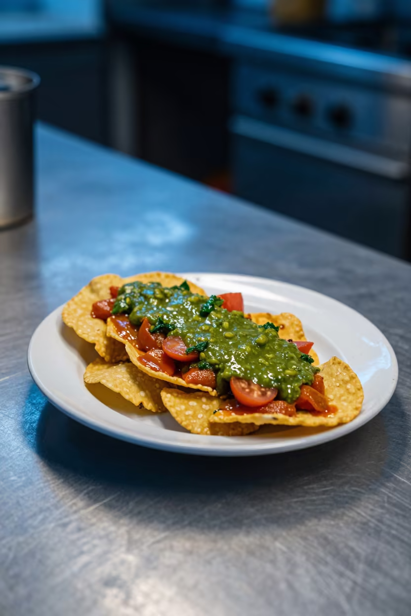 Salsa Verde Chilaquiles on Kitchen Worktop in on a kitchen worktop in Minatitlán
