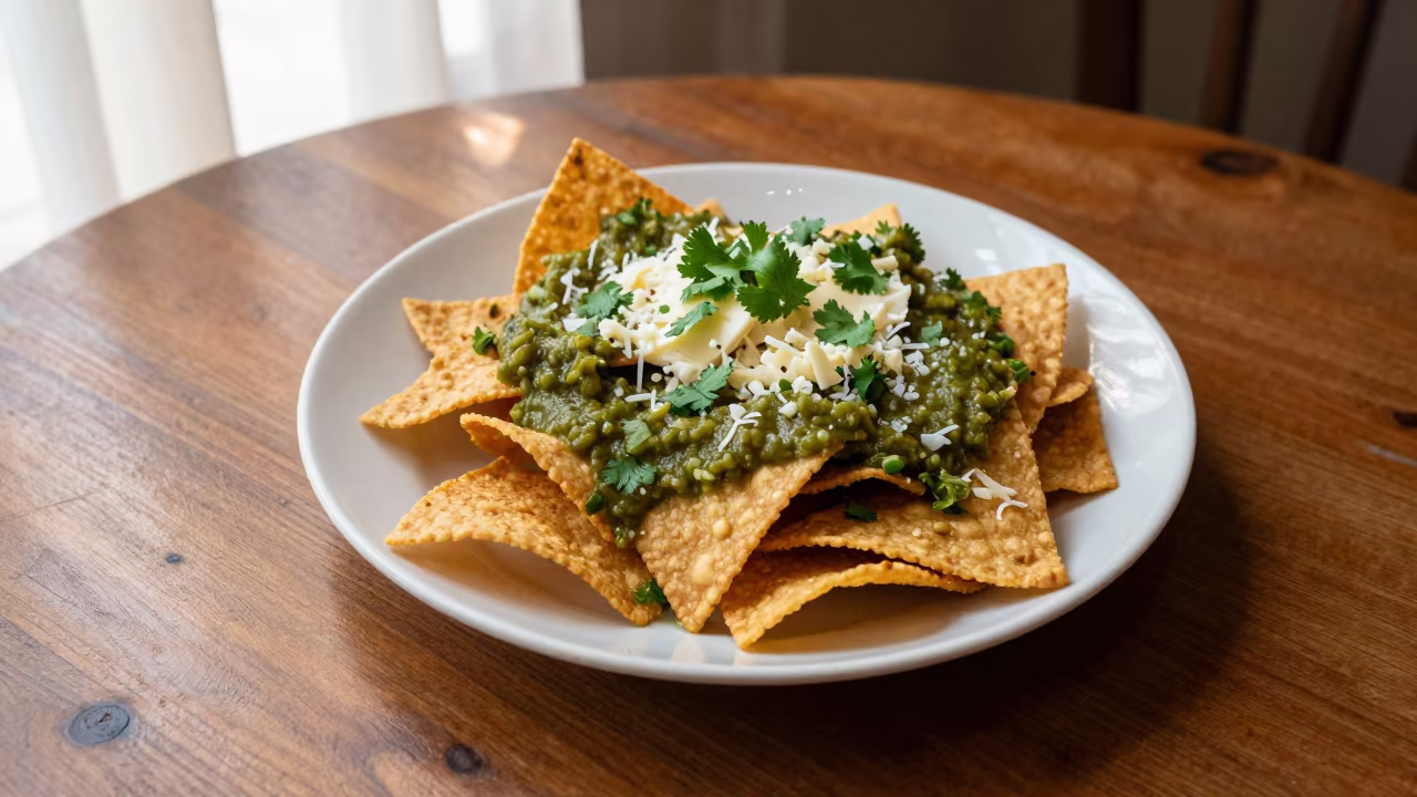 Salsa Verde Chilaquiles on Rustic Wood in on a rustic wooden table in Fuzhou