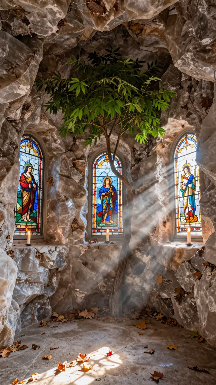 Salt Cathedral Chapel with Horizontal Tree in Getafe in in a chapel lit by stained glass in Getafe