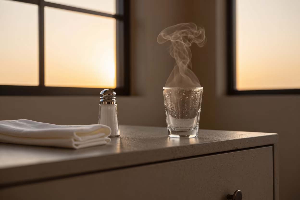 Salt Cellar Sunset Monsoon Reflections in on a hotel dresser in Fortaleza