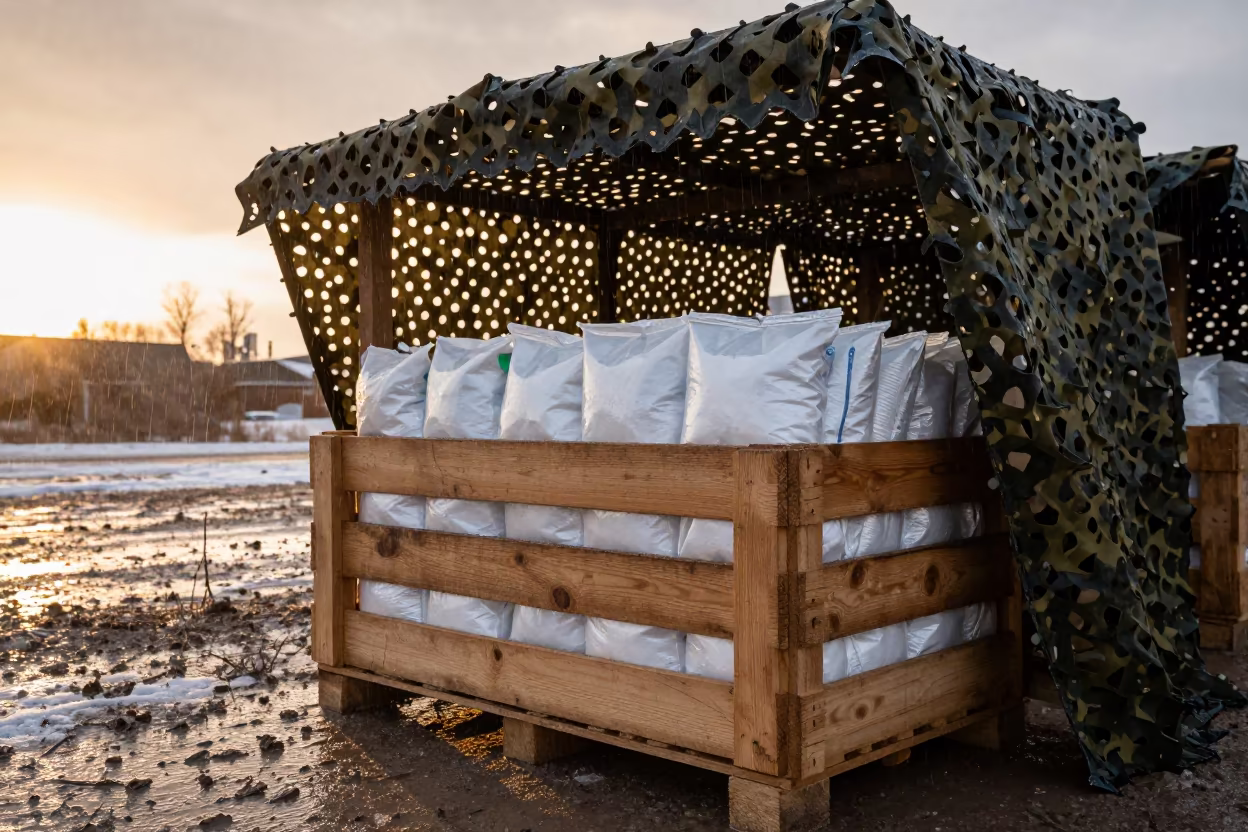 Salt Crate Under Camo Net in Winter Calgary Sunset in beneath a camouflage net shelter in Calgary