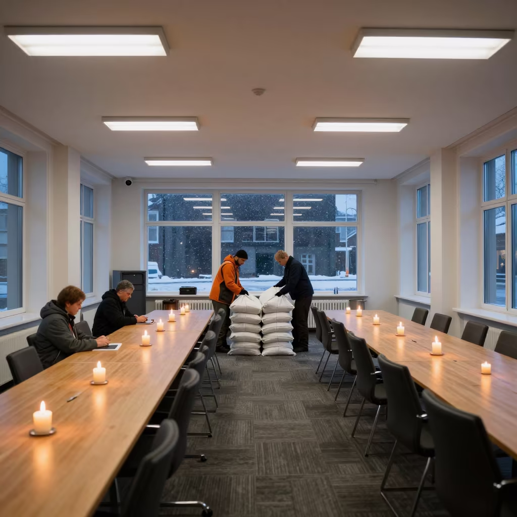 Salt Crew Loading Bags in Reykjavik Hall in in a fluorescent town hall meeting room near Reykjavik