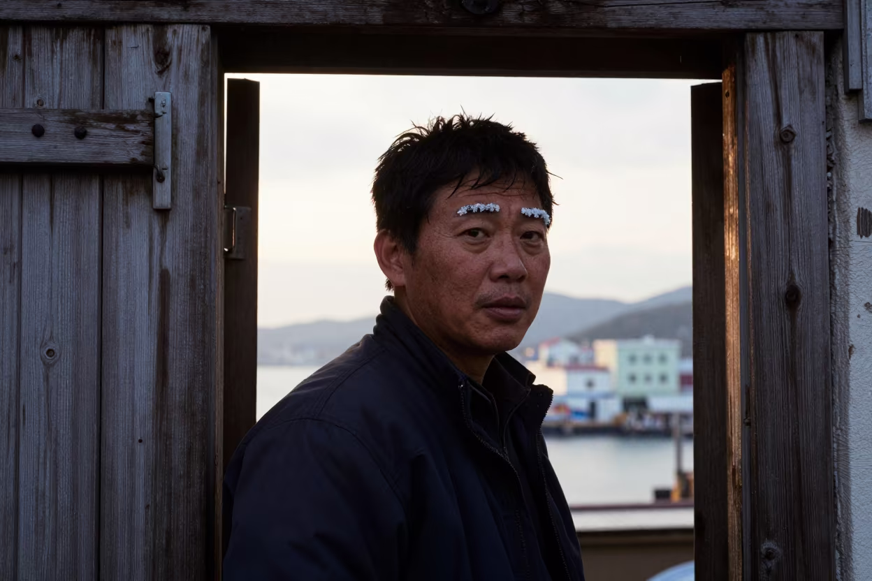 Salt Crusted Eyebrows Fishmonger Silhouette in against a weathered doorway near Ulsan