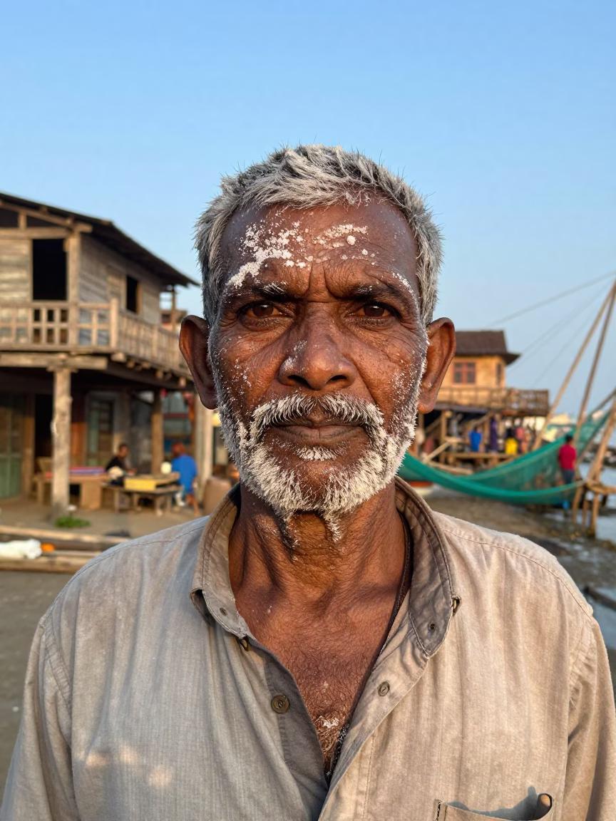 Salt-Crusted Face of Machilipatnam Fish Merchant at Dawn in in the old quarter in Machilipatnam