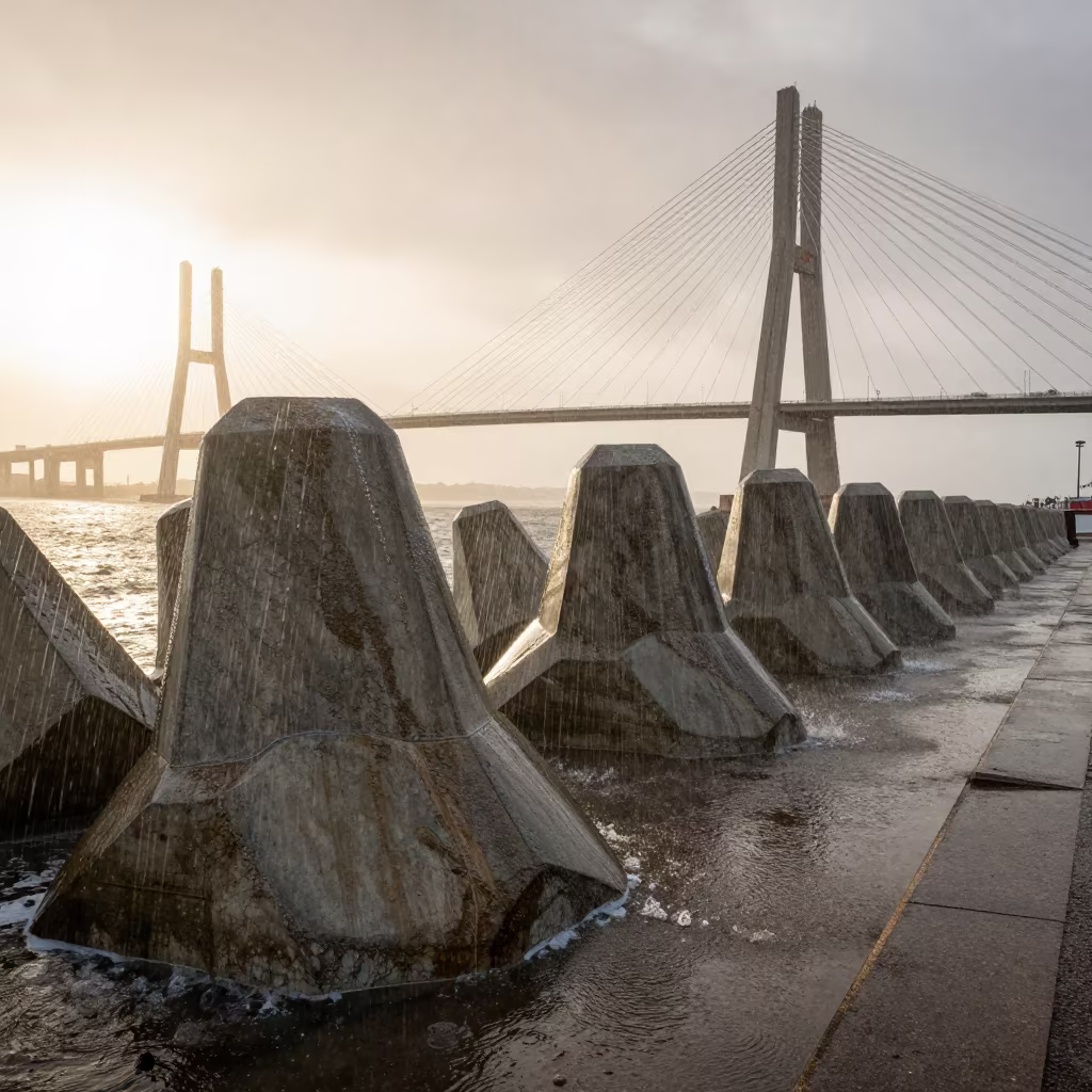 Salt-Crusted Flood Barrier Under Lisbon Bridge in under a cable-stayed bridge span near Lisbon