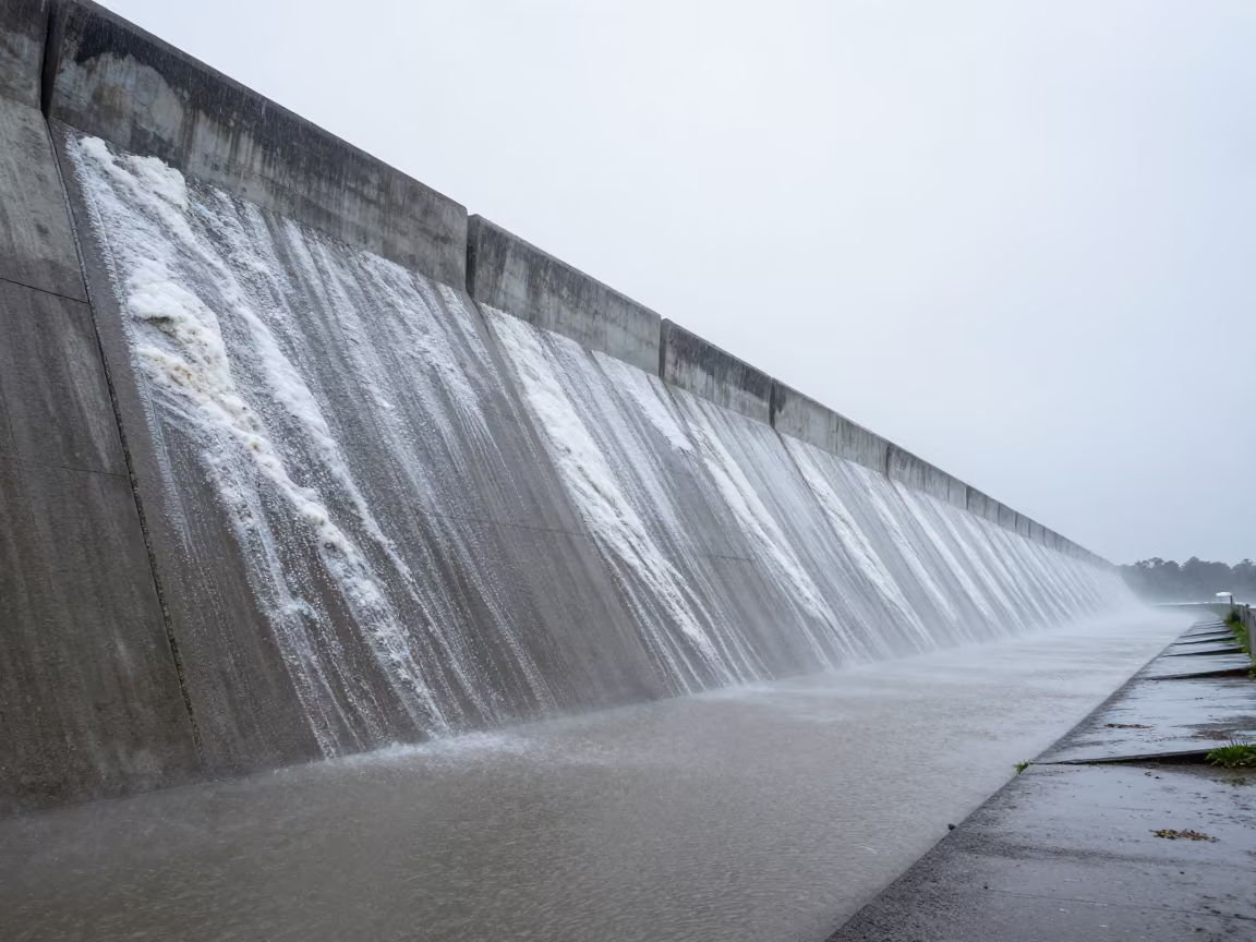 Salt-Crusted Flood Barrier in New Zealand Winter Rain in along a levee path above floodwater in New Zealand